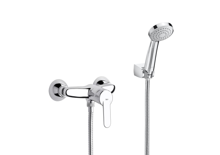 Wall-mounted shower mixer with 1.50 m flexible shower hose, handshower and swivel wall bracket