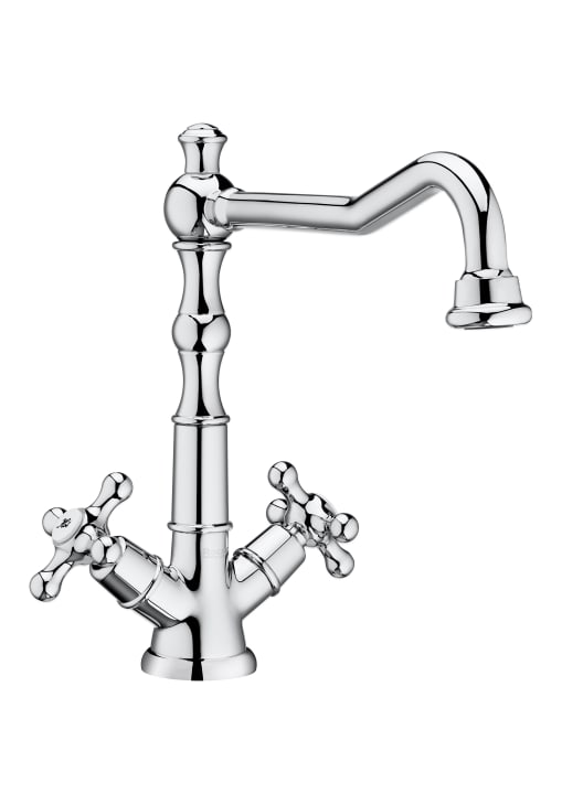 Smooth body high-neck basin mixer with swivel spout and click clack waste