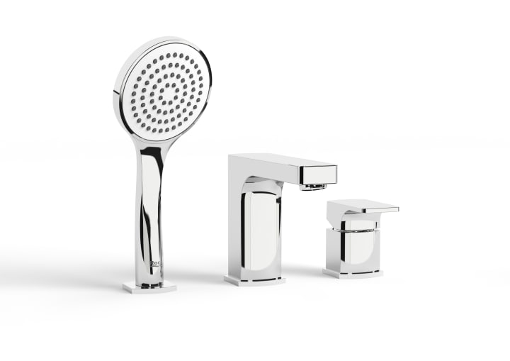 Deck-mounted bath-shower mixer with short spout, diverter and handshower