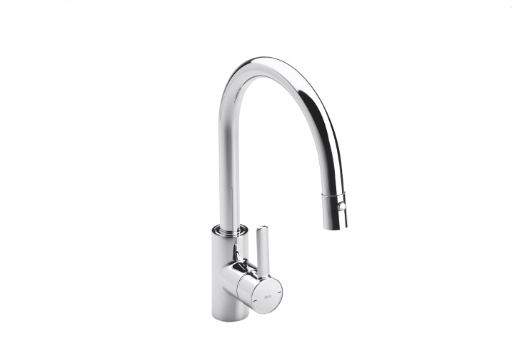 Kitchen sink mixer with retractable swivel spout and rinse spray function