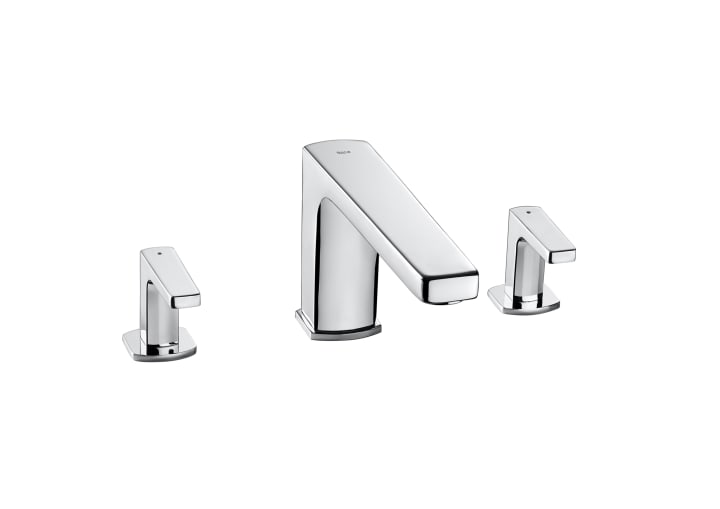 Deck-mounted bath mixer with long spout