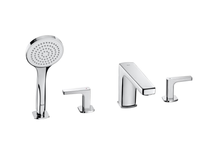 Deck-mounted bath-shower mixer with short spout, diverter and handshower