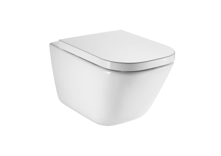 Vitreous china wall-hung Rimless WC with horizontal outlet with soft-close seat and cover for toilet