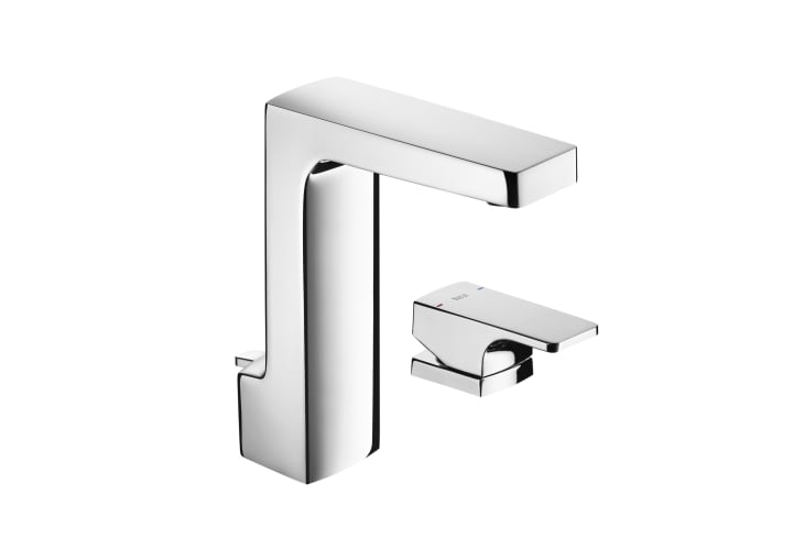 Basin mixer, deck-mounted lateral handle, with pop-up waste