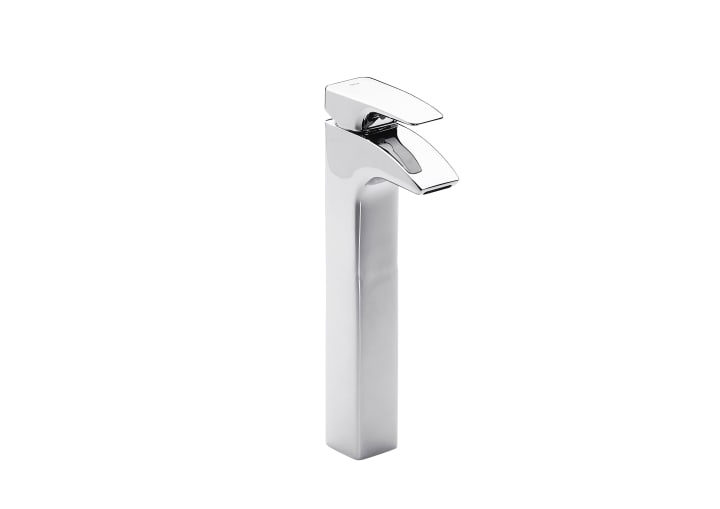 High-neck basin mixer with pop-up waste