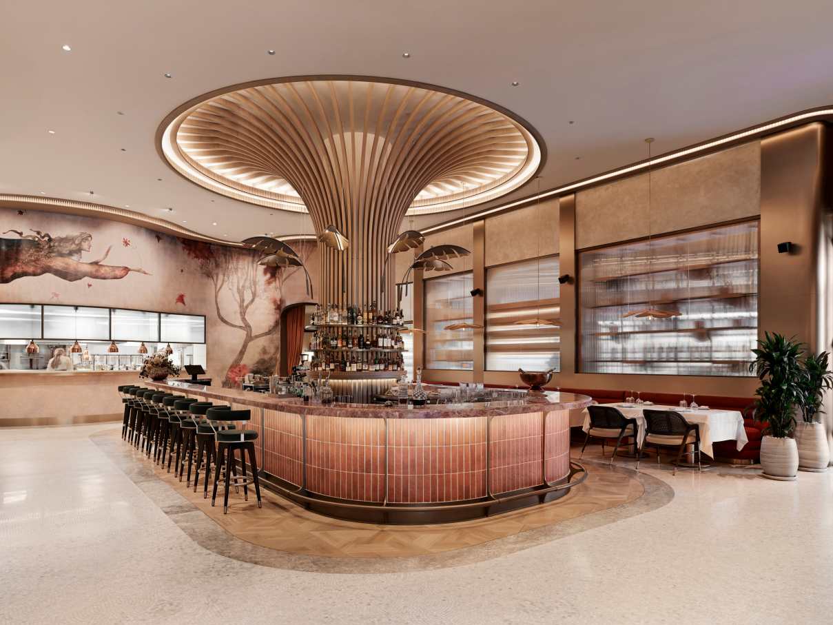 The bathrooms are the most private spaces in the restaurant and the design is about curves, cohesion and comfort. The Inspira round over countertop Fineceramic® basin provides an organic, circular counterpoint to the bathroom’s unique wave-like tiled walls. The choice L30-E electronic basin mixer adds further design elements with a nod to water efficiency and sustainability, an underlying theme in the ‘Tree of Life’ concept. Accessories including the Cubica robe hook and Victoria wall-mounted toilet brush, are minimal and discreet yet provide an important function in the space. The Dama wall-hung Rimless WC with soft closing seat and cover is combined with the In-Wall PL10 Dual (One) flush plate for a contemporary look that complement the warm, natural rhythms of the bathroom.8